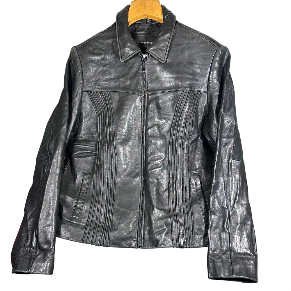 Jones New York Black Leather Jacket Women's XL Button Zip Front Collared